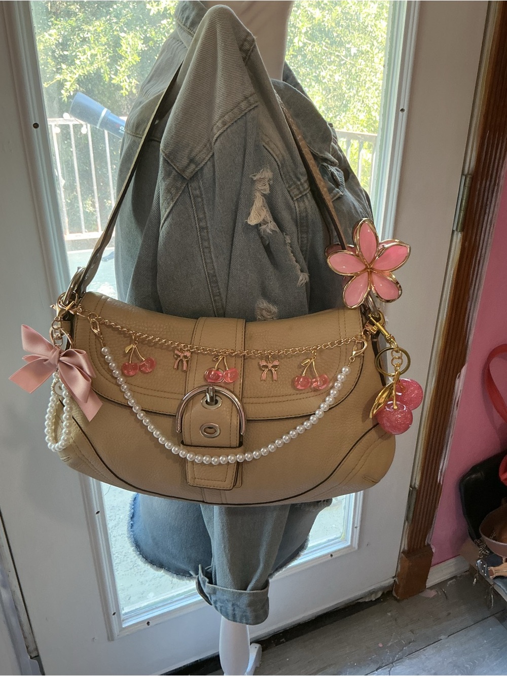 Coach Beige Shoulder Bag with Pink Charms and Pearls